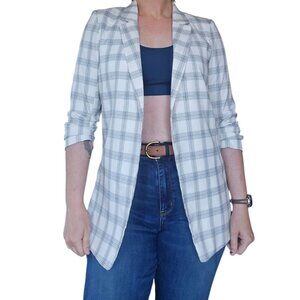 Rachel Zoe Blazer White Performance Plaid Open Front Women Size M Ruched Sleeves